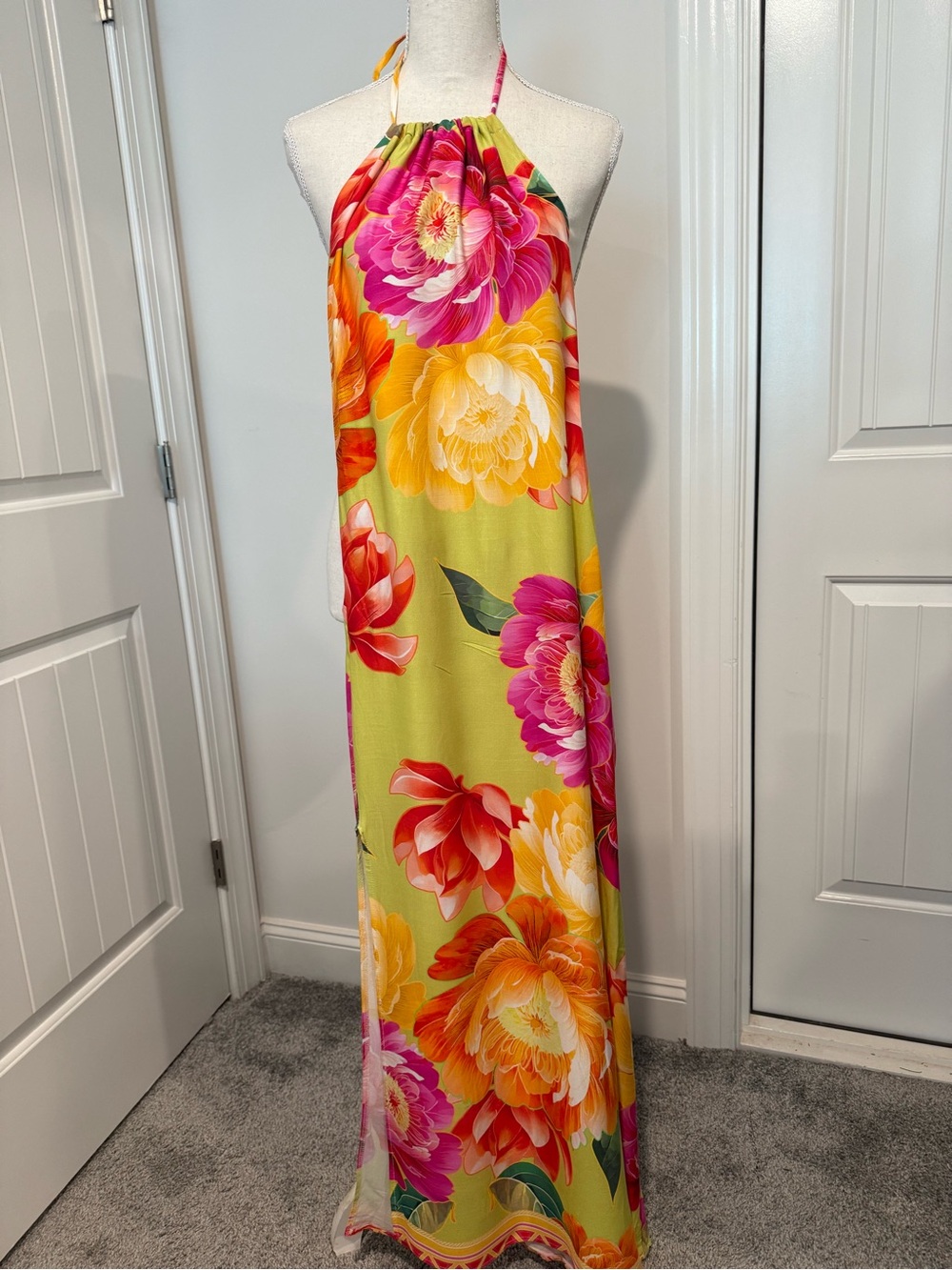 Lime Green Floral Maxi Dress with Pink and Yellow Blooms